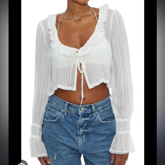 BDG Urban Outfitters Ophelia Sheer Tie Front Blouse - Picture 2 of 6